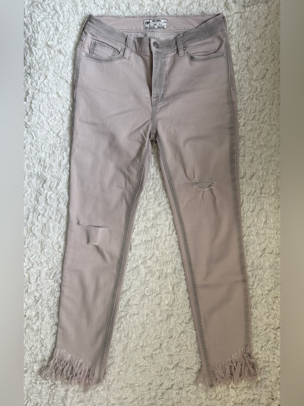 Free People Blush Pink Skinny Jeans with Distressed Knees & Fringe Hem